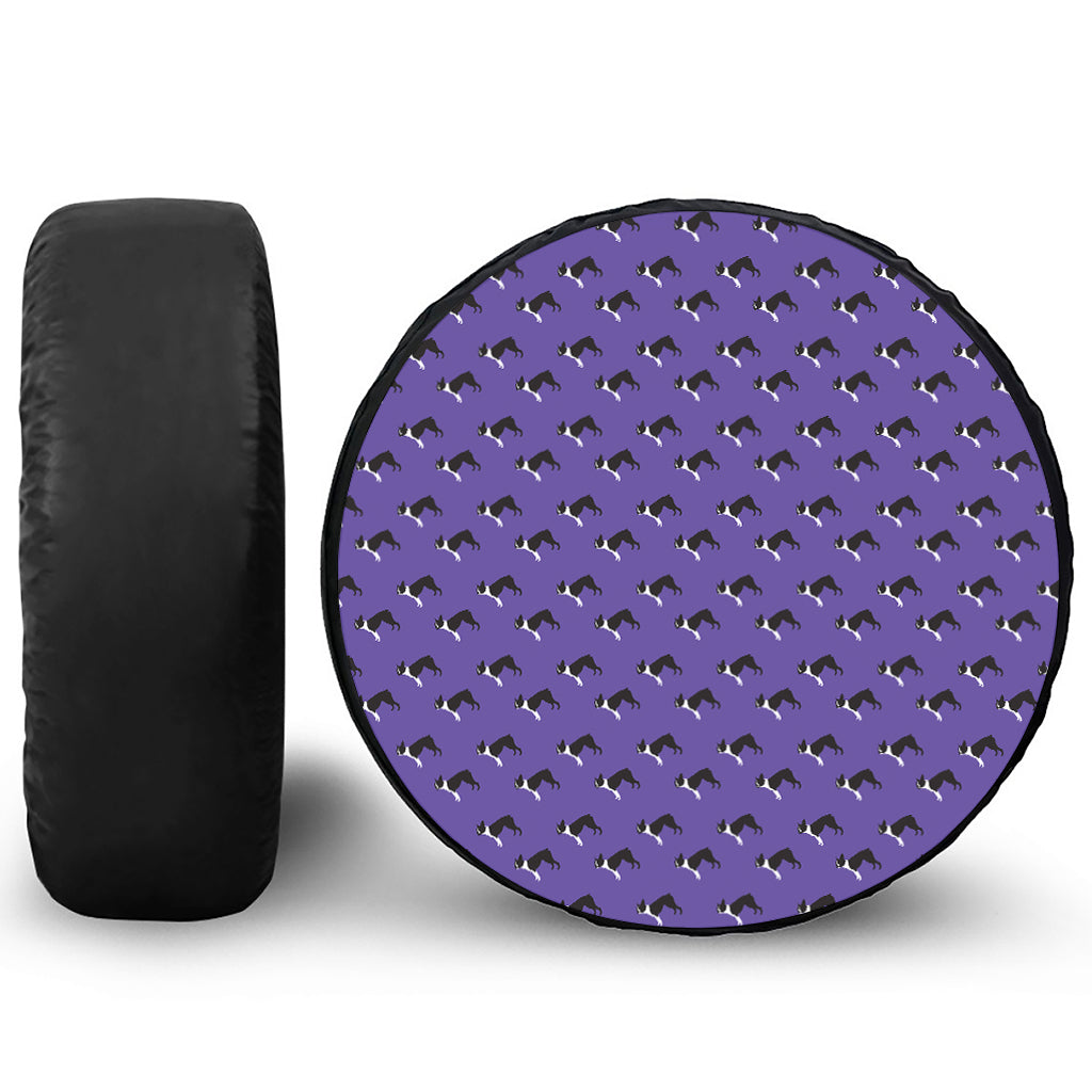 Purple Boston Terrier Pattern Print Leather Spare Tire Cover