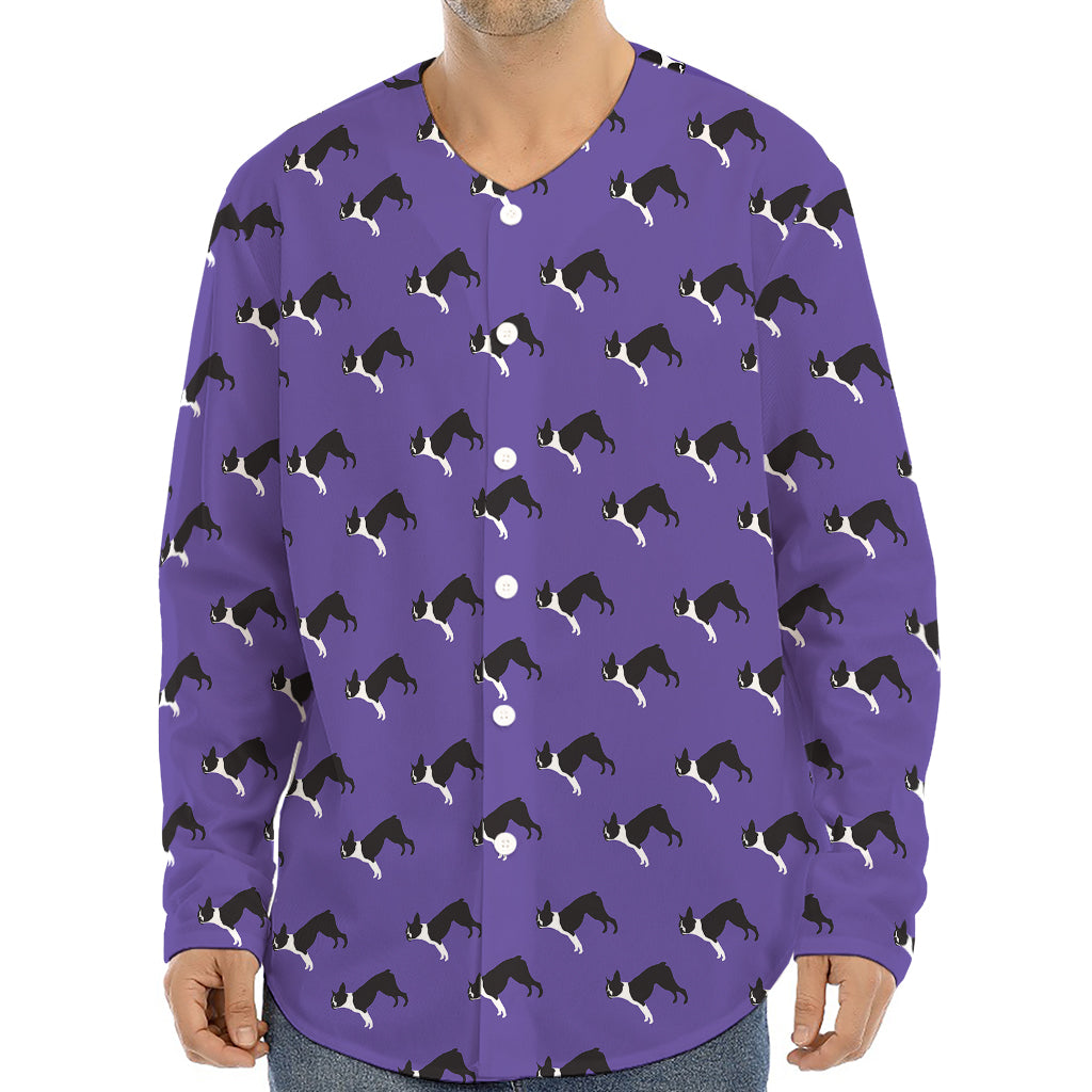 Purple Boston Terrier Pattern Print Long Sleeve Baseball Jersey