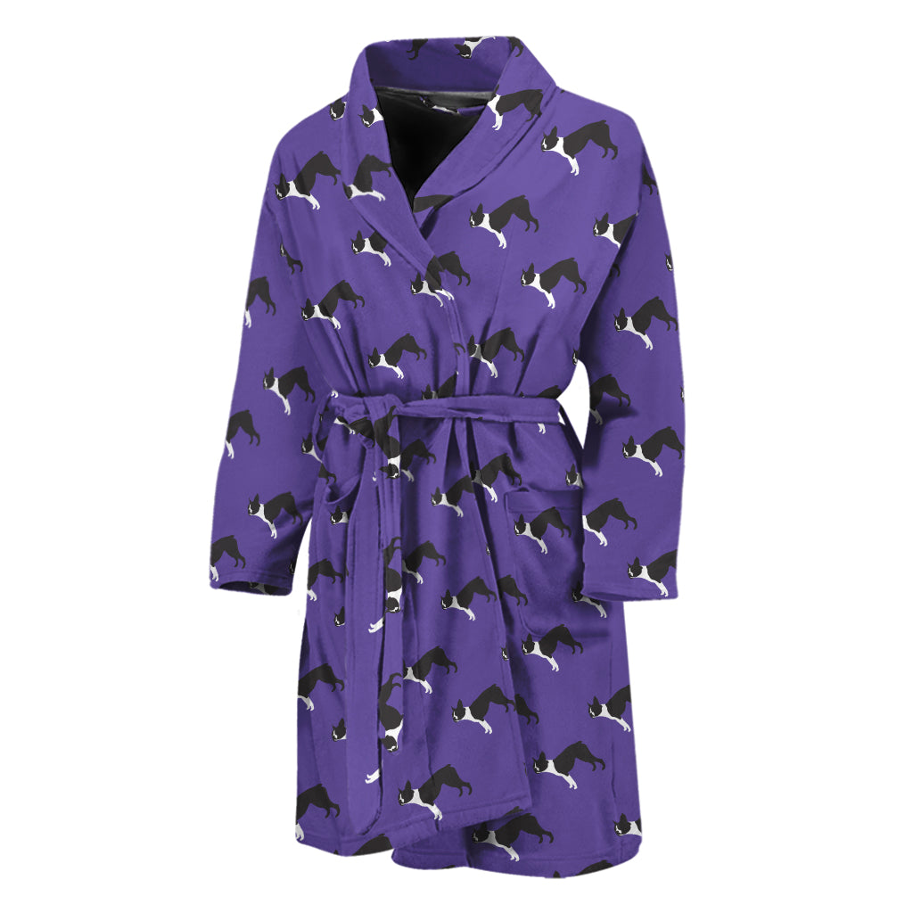 Purple Boston Terrier Pattern Print Men's Bathrobe