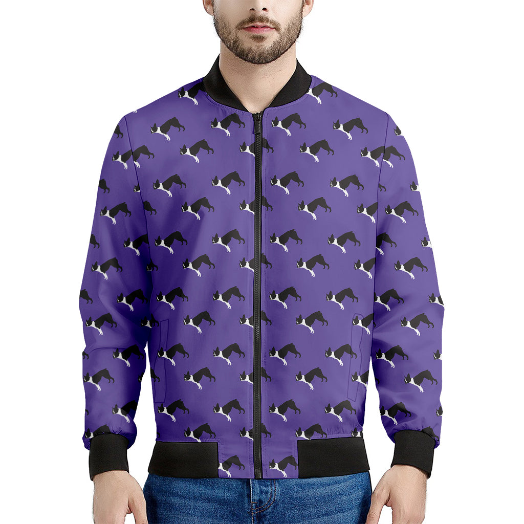 Purple Boston Terrier Pattern Print Men's Bomber Jacket