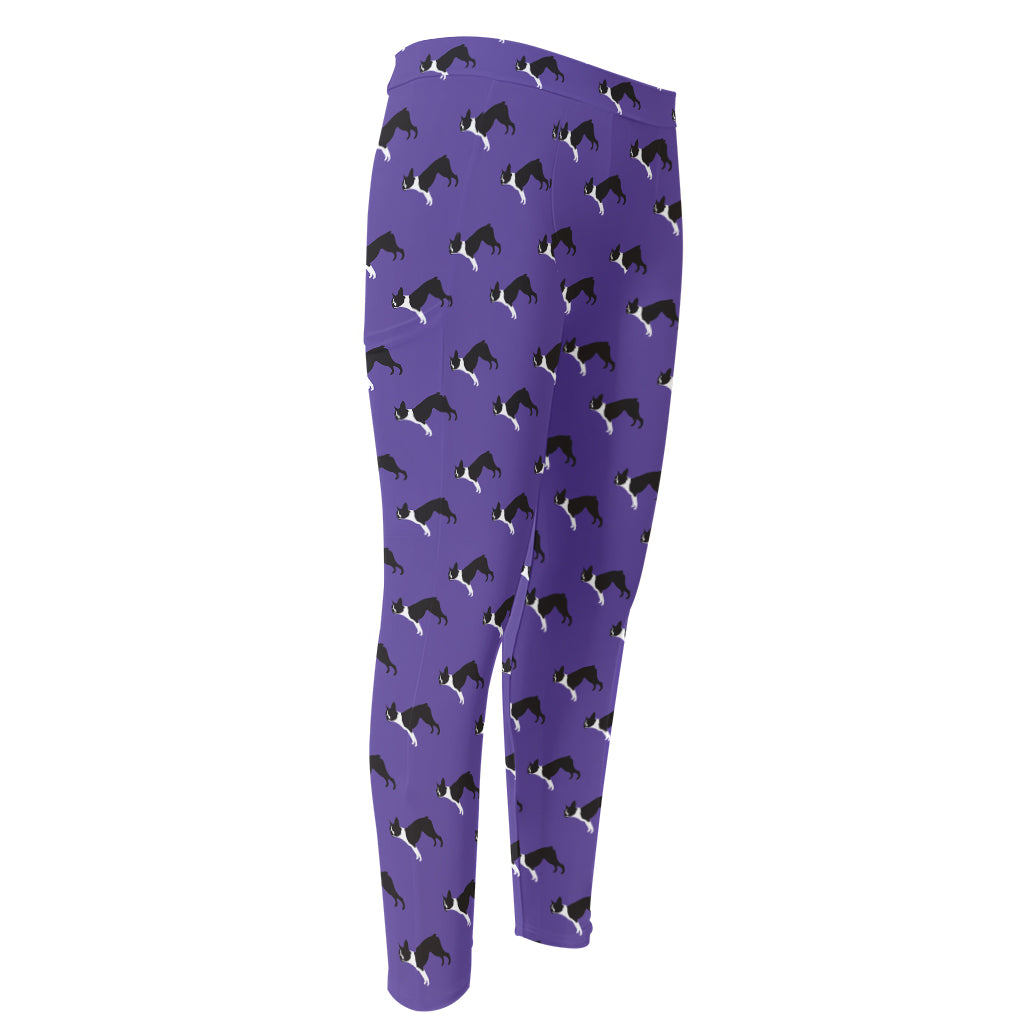 Purple Boston Terrier Pattern Print Men's Compression Pants