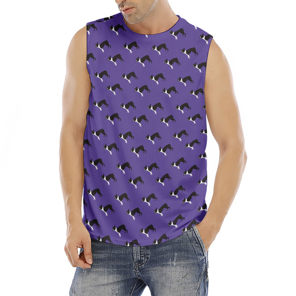 Purple Boston Terrier Pattern Print Men's Fitness Tank Top