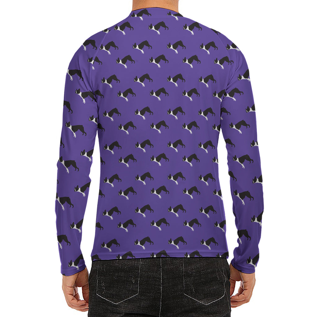 Purple Boston Terrier Pattern Print Men's Long Sleeve Rash Guard