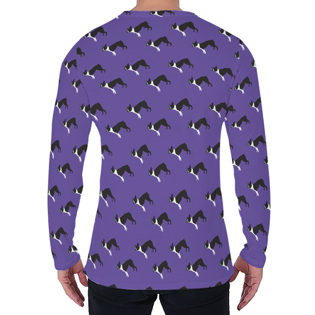 Purple Boston Terrier Pattern Print Men's Long Sleeve T-Shirt