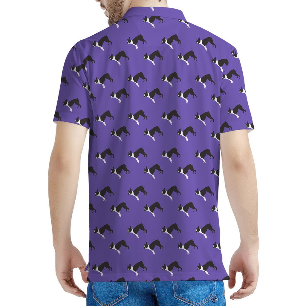 Purple Boston Terrier Pattern Print Men's Polo Shirt