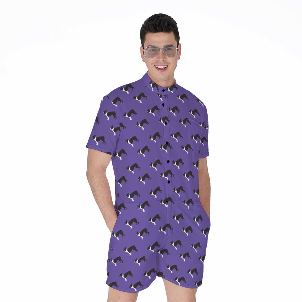 Purple Boston Terrier Pattern Print Men's Rompers