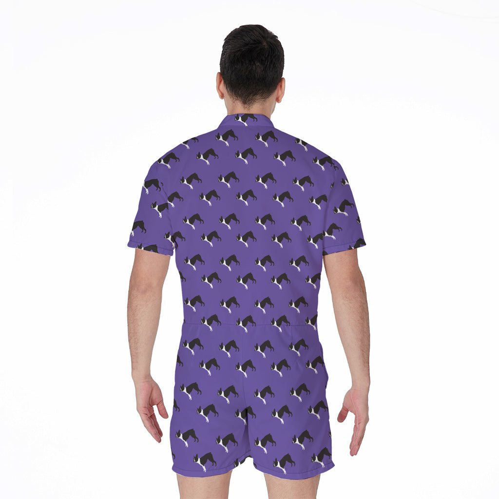 Purple Boston Terrier Pattern Print Men's Rompers