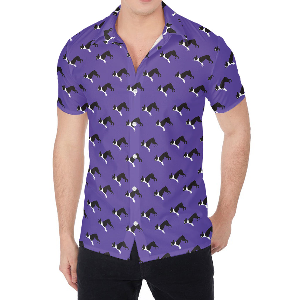 Purple Boston Terrier Pattern Print Men's Shirt