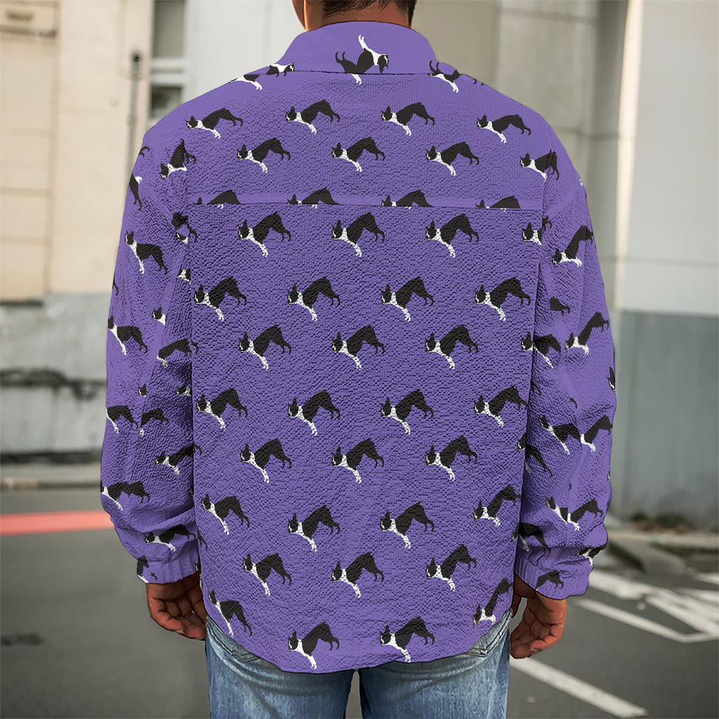 Purple Boston Terrier Pattern Print Men's Shirt Jacket