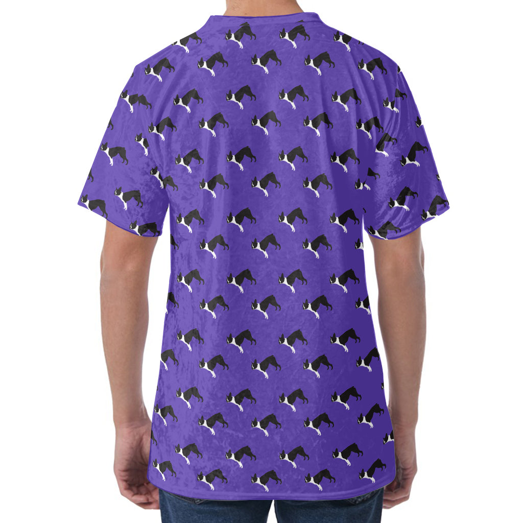 Purple Boston Terrier Pattern Print Men's Velvet T-Shirt