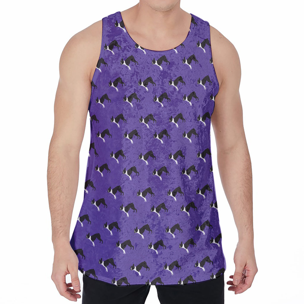 Purple Boston Terrier Pattern Print Men's Velvet Tank Top