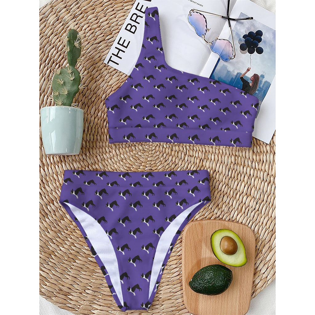 Purple Boston Terrier Pattern Print One Shoulder Bikini Top