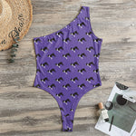 Purple Boston Terrier Pattern Print One Shoulder Bodysuit