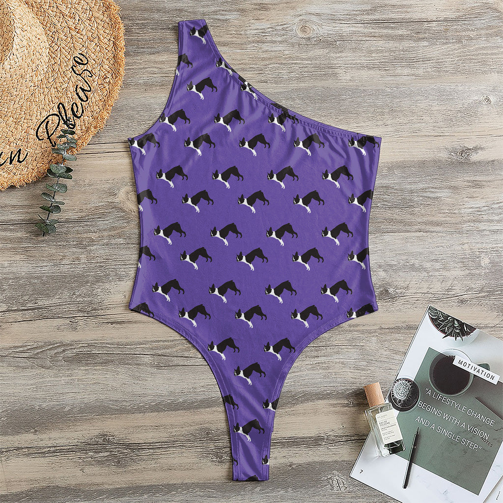 Purple Boston Terrier Pattern Print One Shoulder Bodysuit