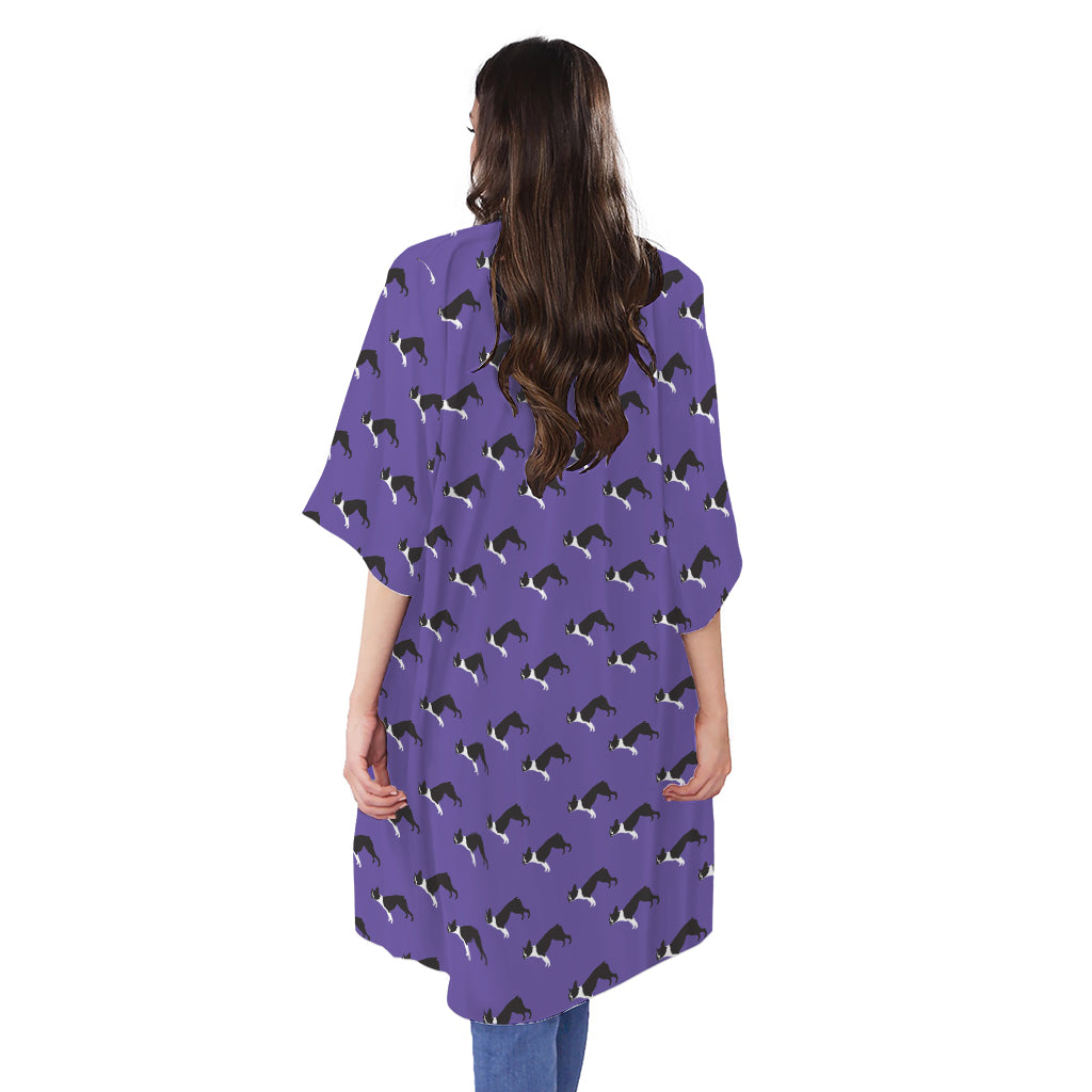 Purple Boston Terrier Pattern Print Open Front Beach Cover Up