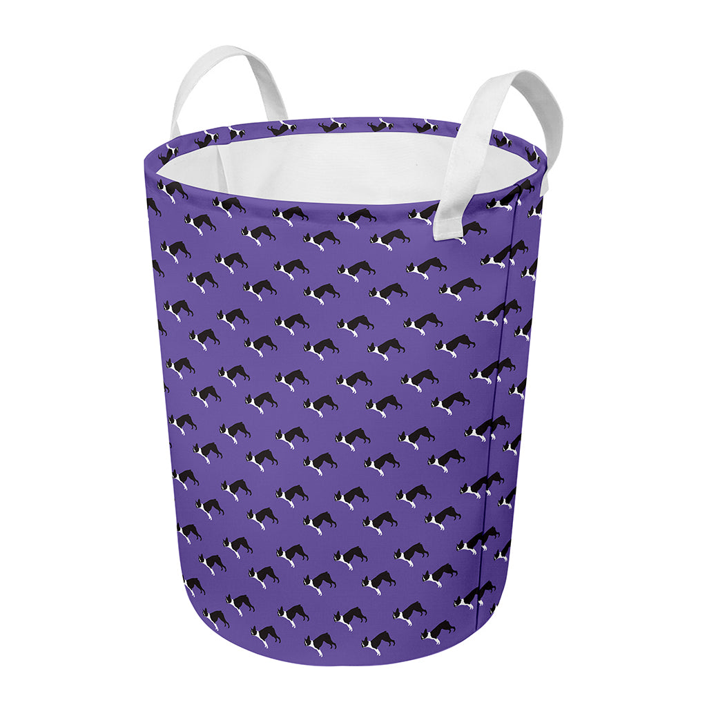 Purple Boston Terrier Pattern Print Round Laundry Basket