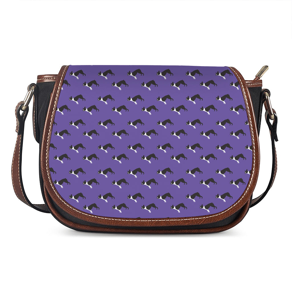 Purple Boston Terrier Pattern Print Saddle Bag