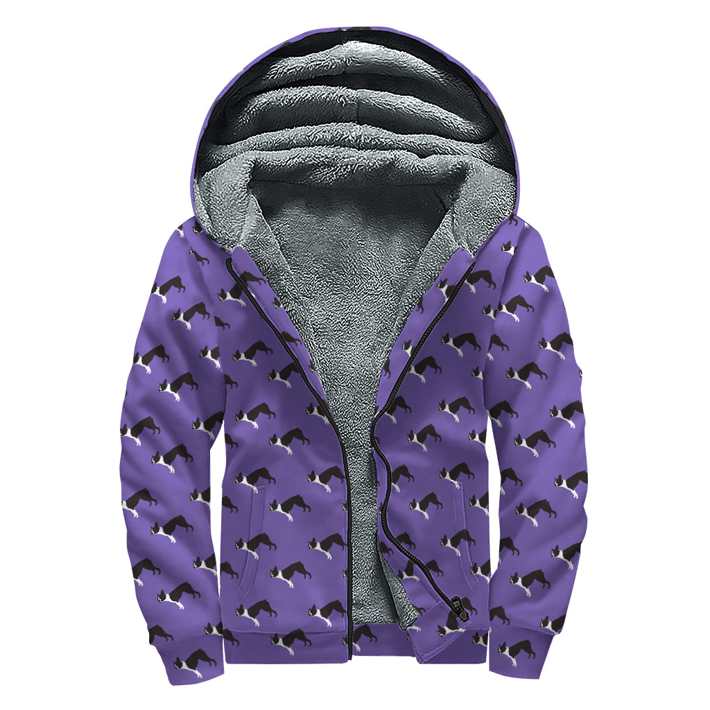 Purple Boston Terrier Pattern Print Sherpa Lined Zip Up Hoodie