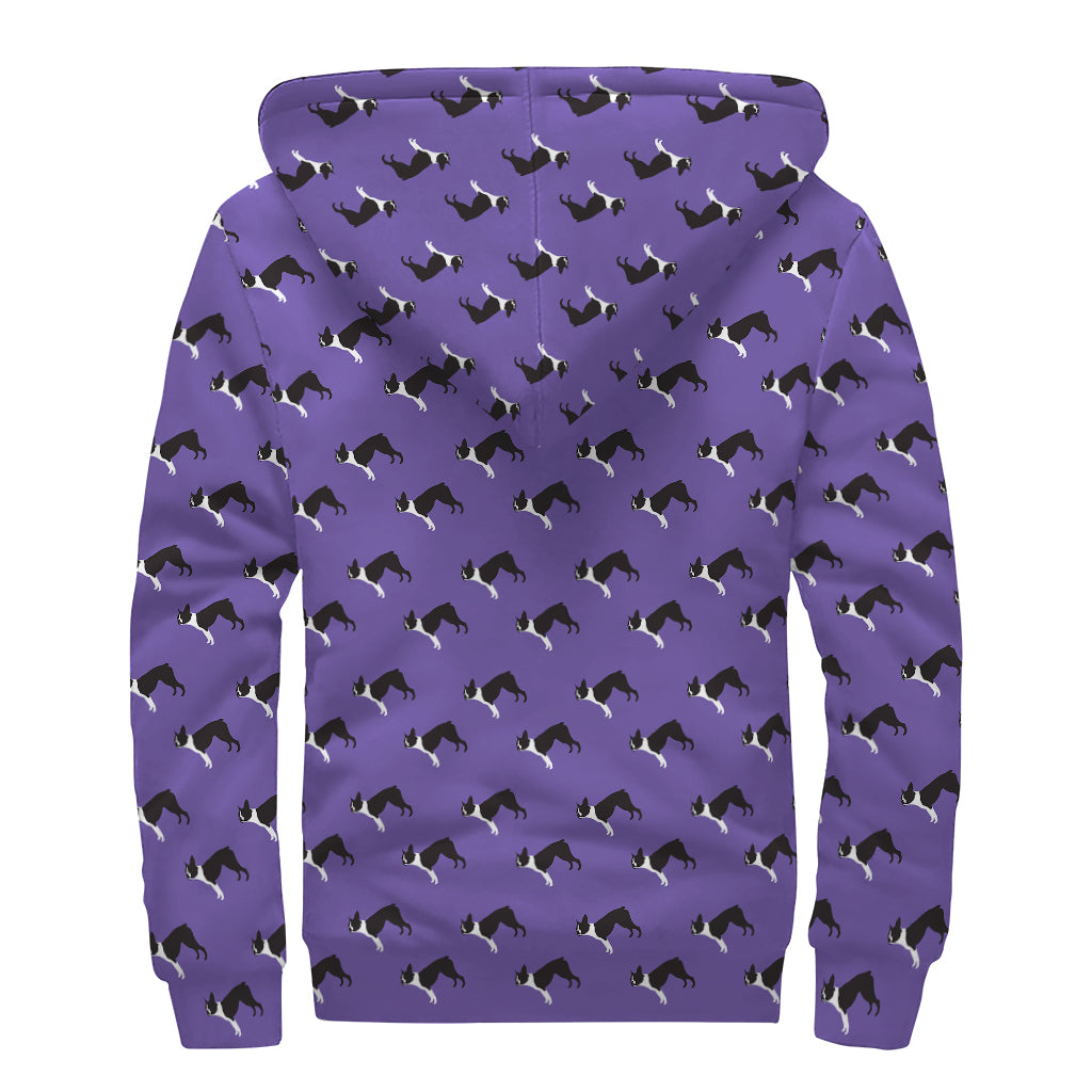 Purple Boston Terrier Pattern Print Sherpa Lined Zip Up Hoodie