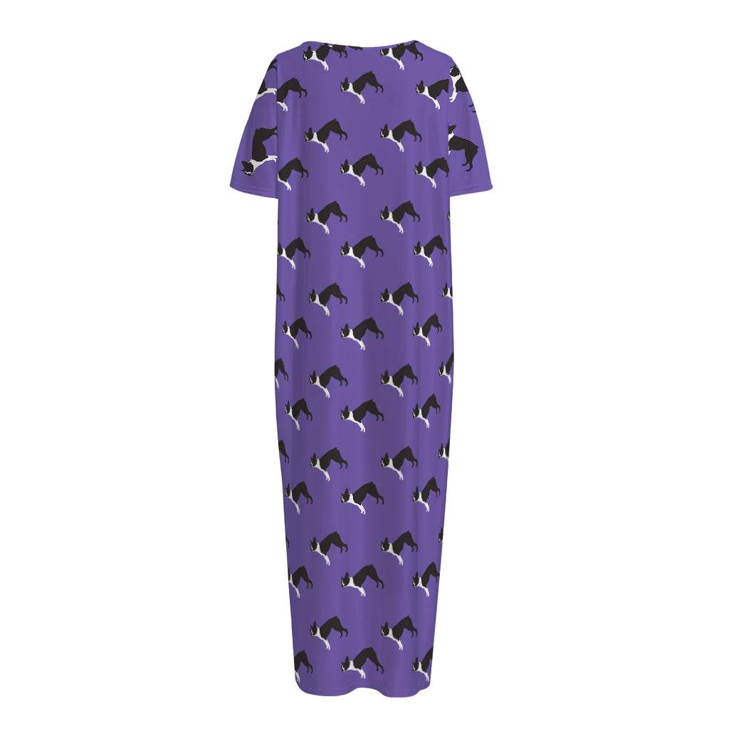 Purple Boston Terrier Pattern Print Short Sleeve Long Nightdress