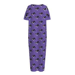 Purple Boston Terrier Pattern Print Short Sleeve Long Nightdress