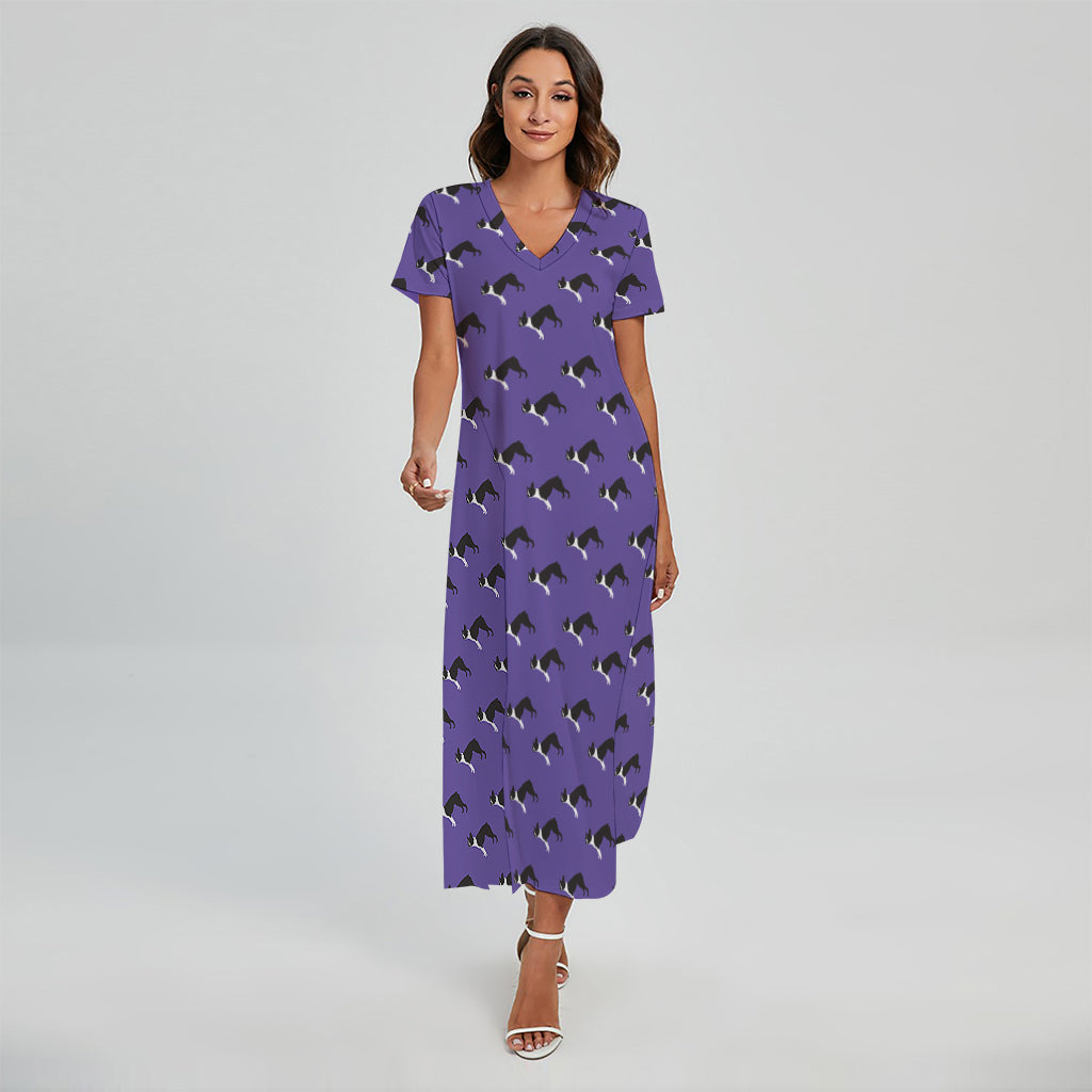 Purple Boston Terrier Pattern Print Short Sleeve Maxi Dress