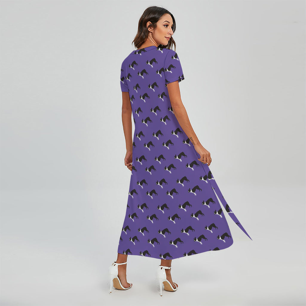 Purple Boston Terrier Pattern Print Short Sleeve Maxi Dress