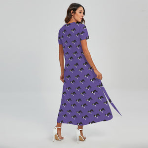 Purple Boston Terrier Pattern Print Short Sleeve Maxi Dress