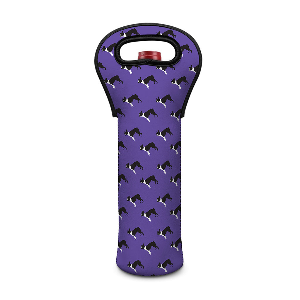 Purple Boston Terrier Pattern Print Single Neoprene Wine Tote