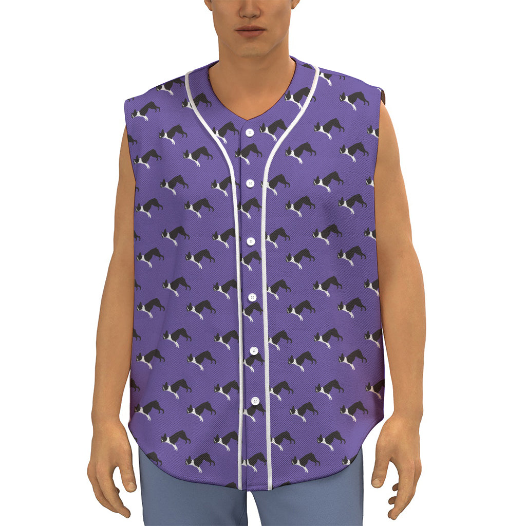 Purple Boston Terrier Pattern Print Sleeveless Baseball Jersey