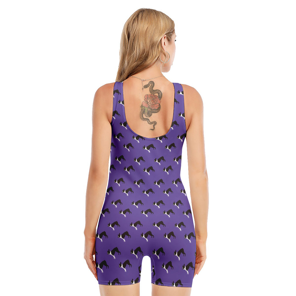 Purple Boston Terrier Pattern Print Sleeveless One Piece Swimsuit