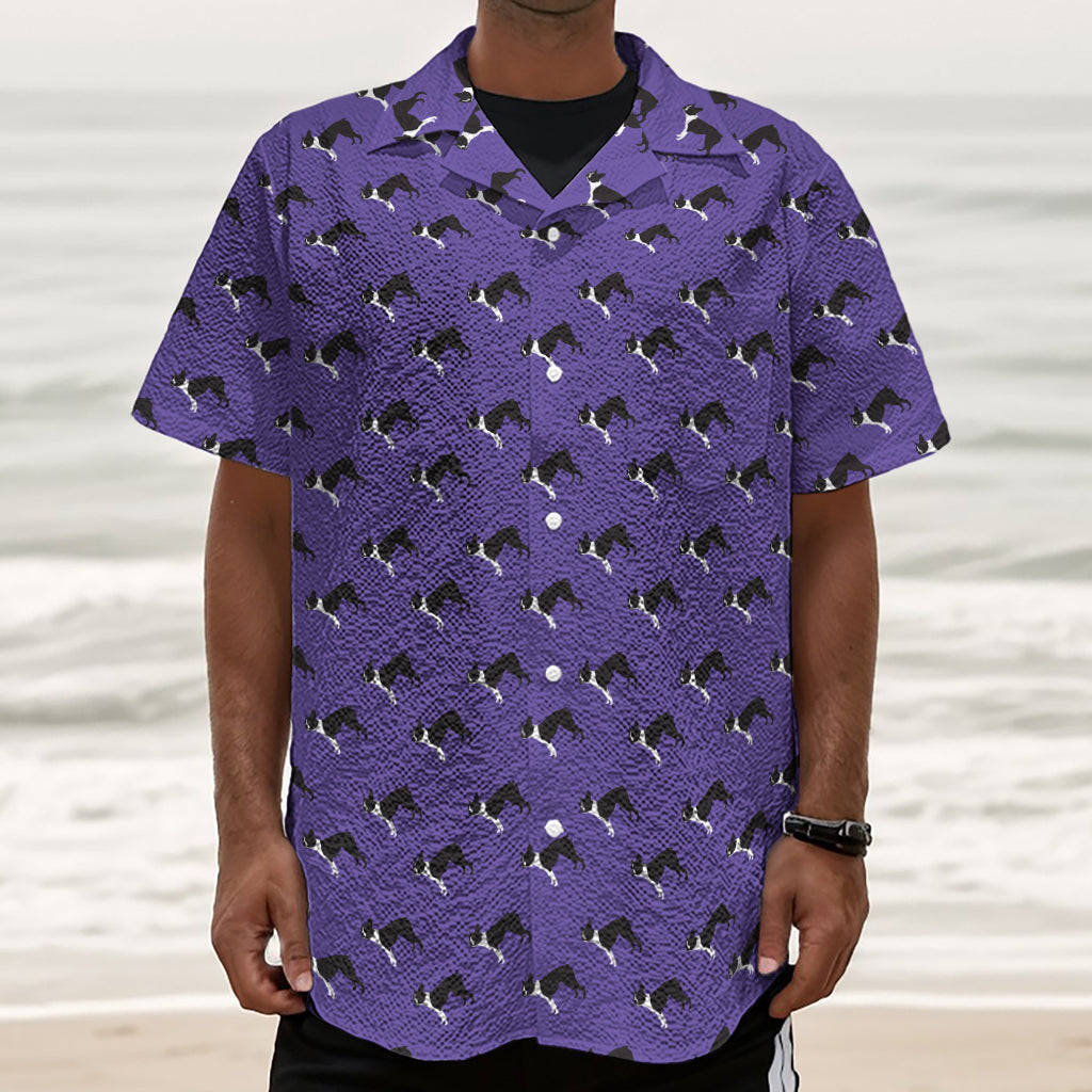 Purple Boston Terrier Pattern Print Textured Short Sleeve Shirt