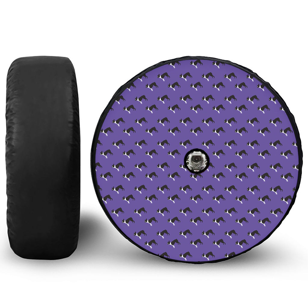 Purple Boston Terrier Pattern Print Tire Cover With Camera Hole