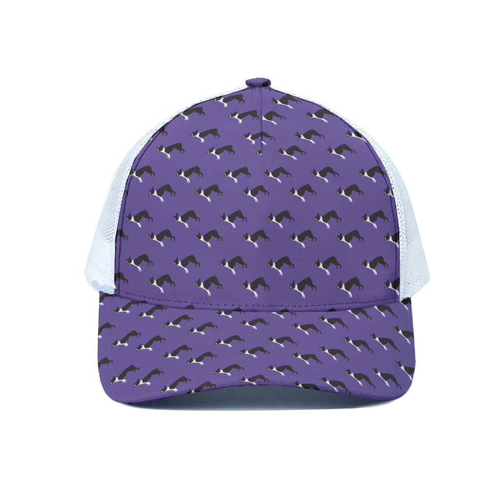 Purple Boston Terrier Pattern Print White Mesh Trucker Cap