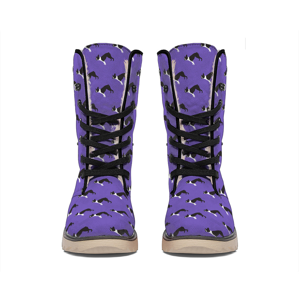 Purple Boston Terrier Pattern Print Winter Boots