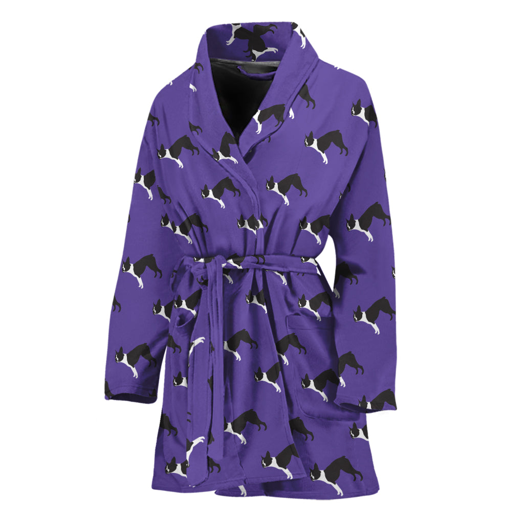 Purple Boston Terrier Pattern Print Women's Bathrobe