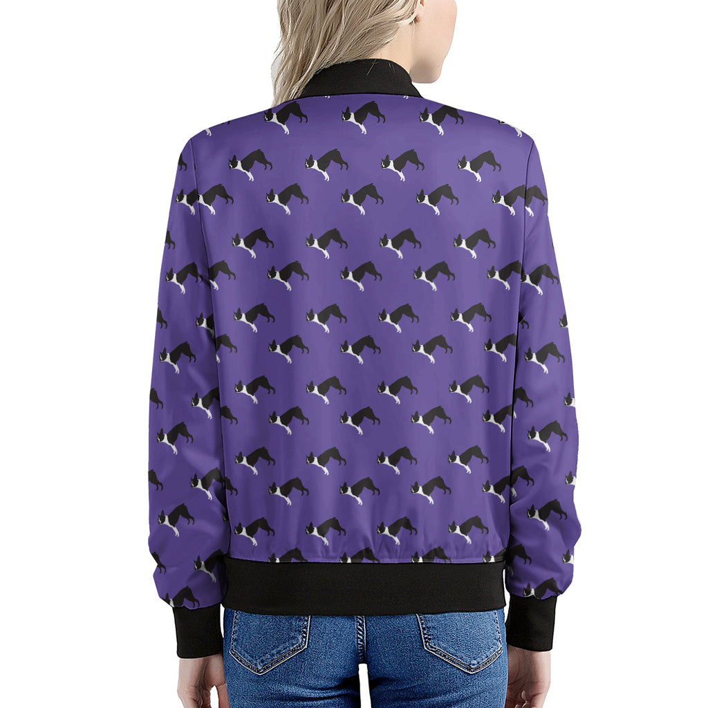 Purple Boston Terrier Pattern Print Women's Bomber Jacket