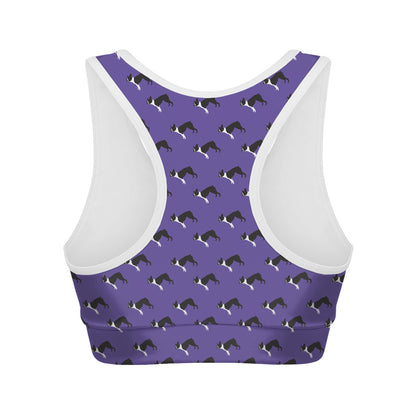 Purple Boston Terrier Pattern Print Women's Sports Bra