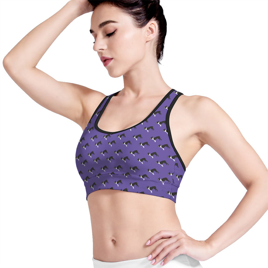 Purple Boston Terrier Pattern Print Women's Sports Bra
