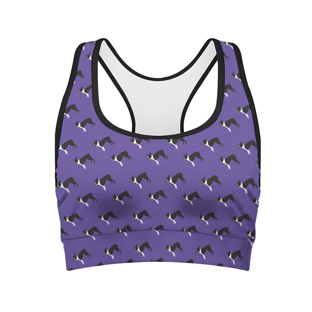 Purple Boston Terrier Pattern Print Women's Sports Bra