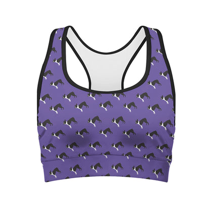 Purple Boston Terrier Pattern Print Women's Sports Bra