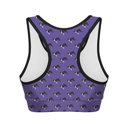 Purple Boston Terrier Pattern Print Women's Sports Bra