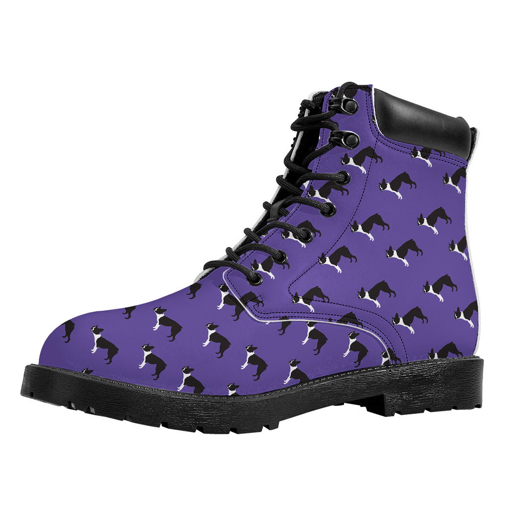 Purple Boston Terrier Pattern Print Work Boots