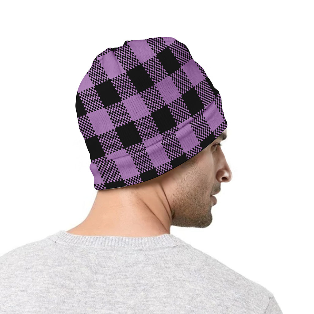 Purple Buffalo Plaid Print Beanie