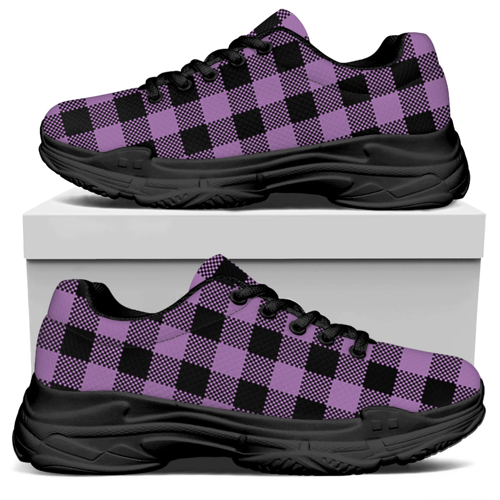 Purple Buffalo Plaid Print Black Chunky Shoes