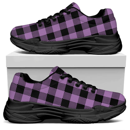 Purple Buffalo Plaid Print Black Chunky Shoes