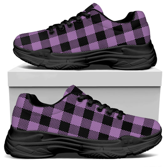 Purple Buffalo Plaid Print Black Chunky Shoes