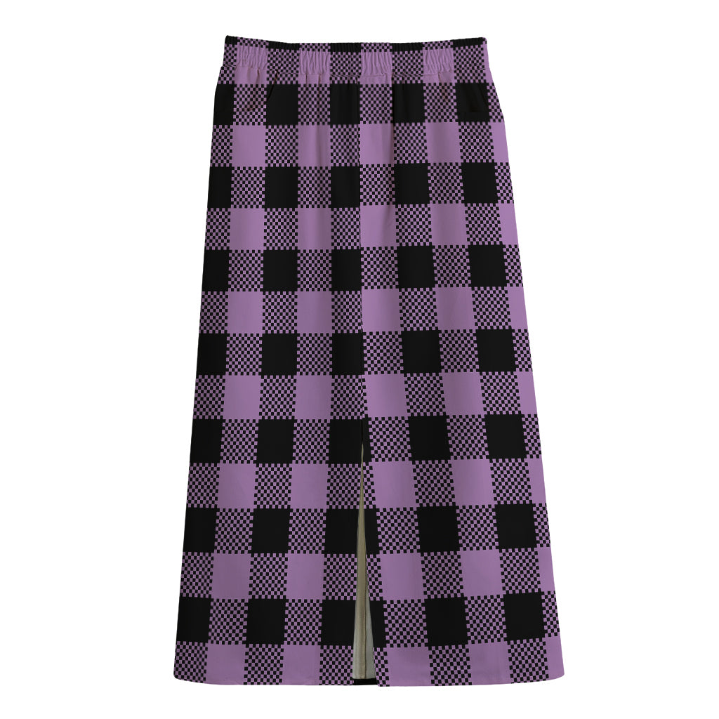 Purple Buffalo Plaid Print Cotton Front Slit Maxi Skirt