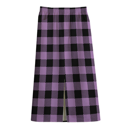 Purple Buffalo Plaid Print Cotton Front Slit Maxi Skirt