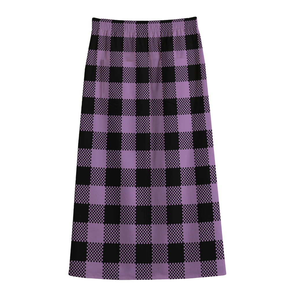 Purple Buffalo Plaid Print Cotton Front Slit Maxi Skirt